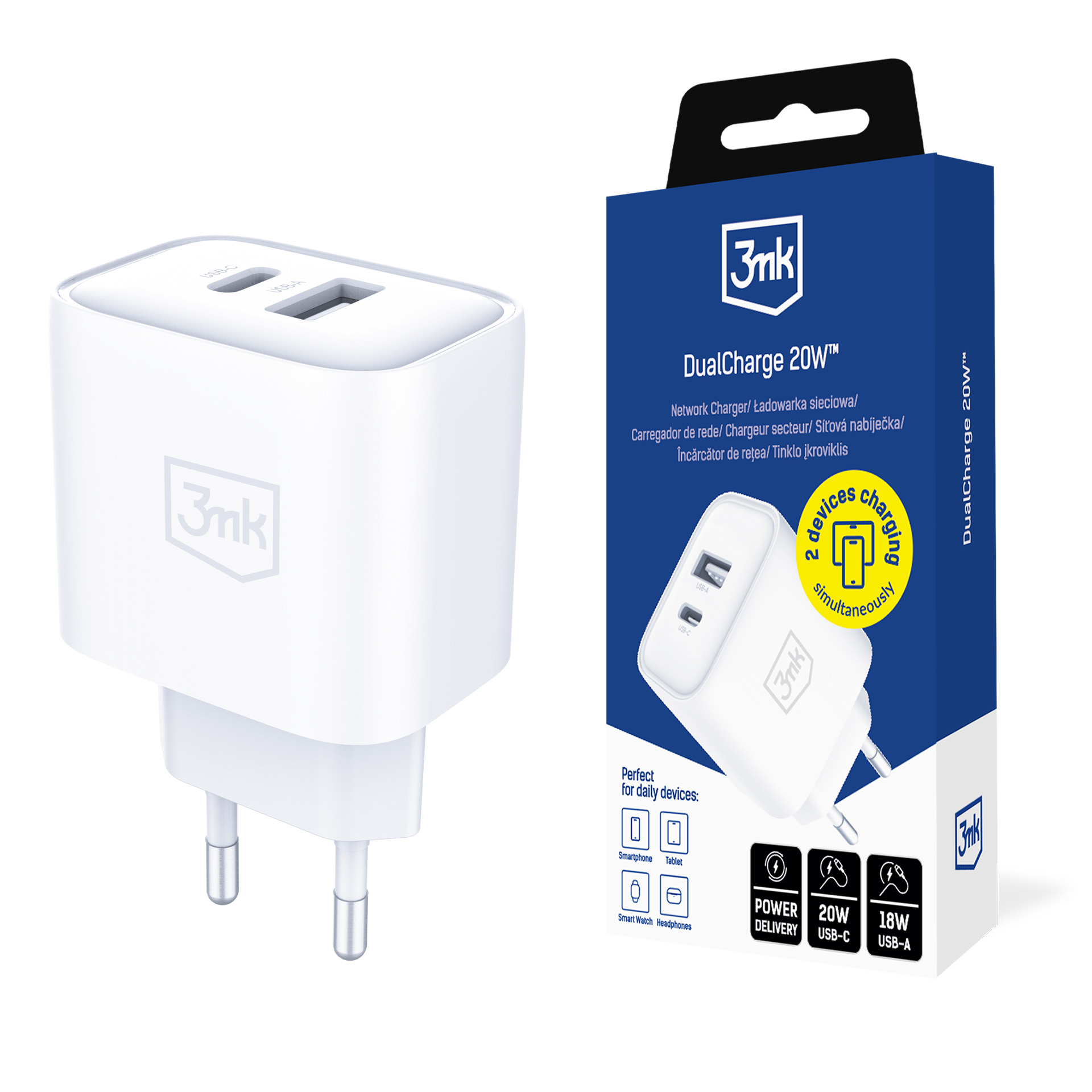 Tarvikkeet – 3mk DualCharge 20W PD3.0 QC 3.0 PPS USB 1A1C, valkoinen