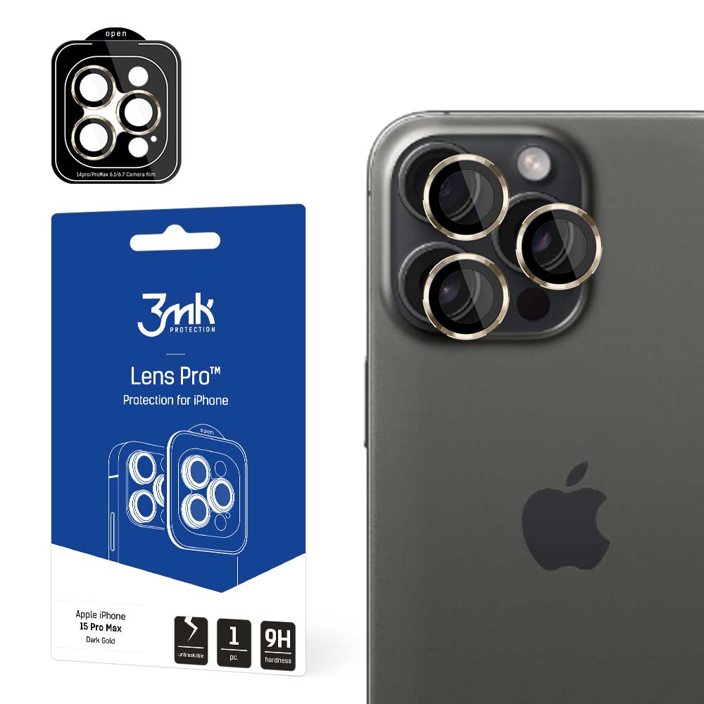 3mk Lens Protection Pro kameran suoja kultaisella kehyksellä iPhone 15 Pro Max:lle