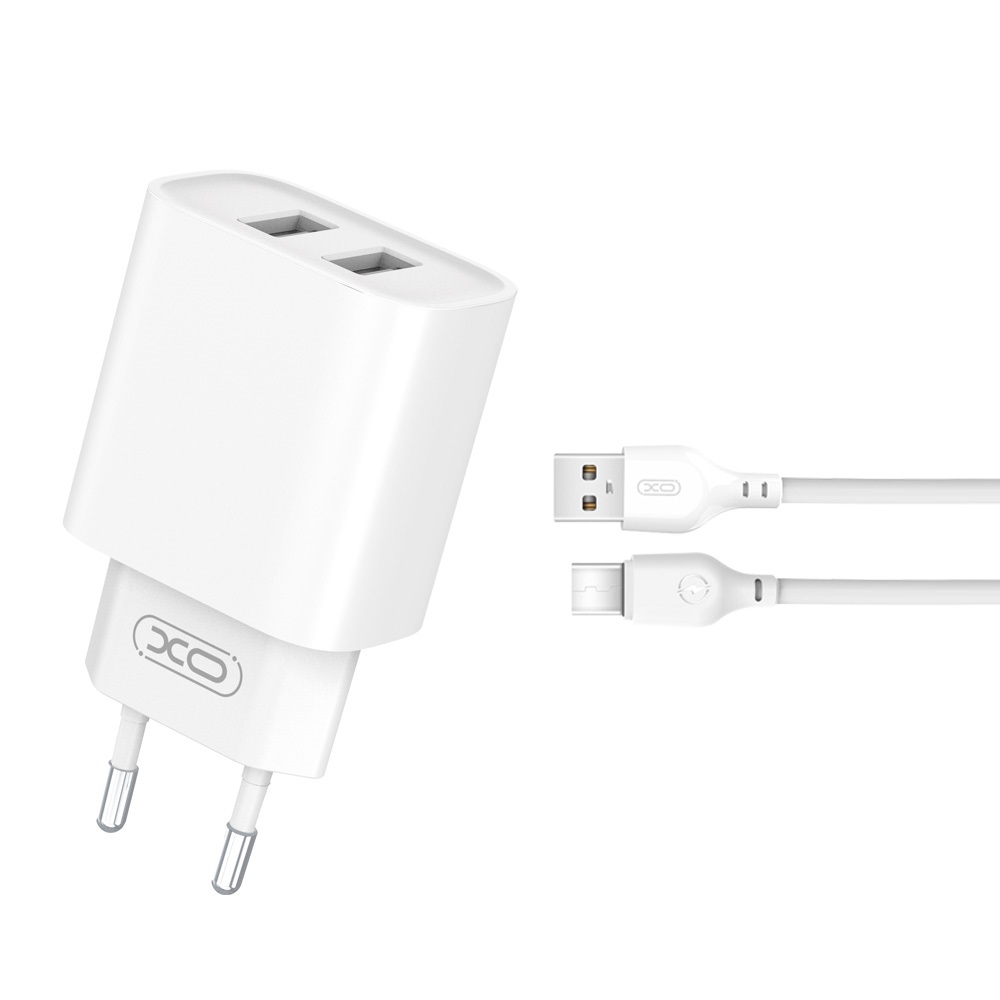 XO seinälaturi CE02C 2x USB 2,1A, valkoinen + USB-C-kaapeli