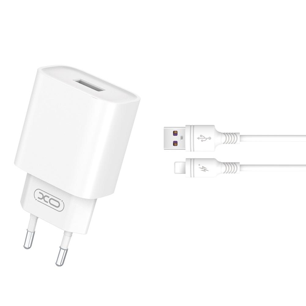 XO seinälaturi CE02D QC 3.0 18W 1x USB, valkoinen + Lightning-kaapeli