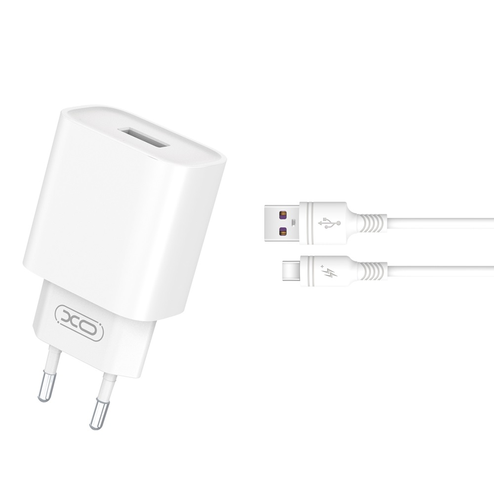 XO seinälaturi CE02D QC 3.0 18W 1x USB, valkoinen + USB-C-kaapeli