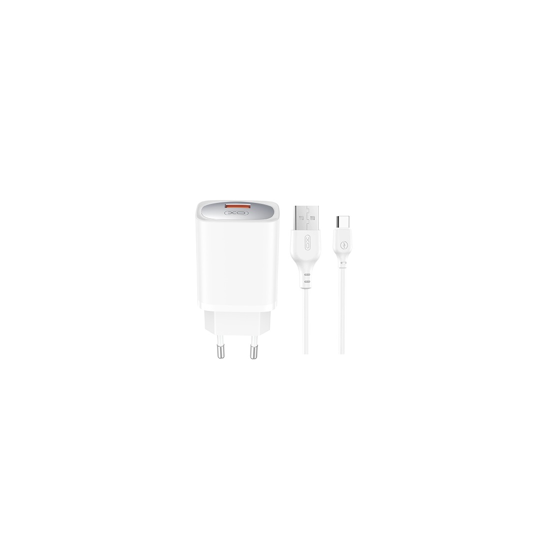XO seinälaturi CE19 QC 18W 1x USB, valkoinen + USB-C-kaapeli