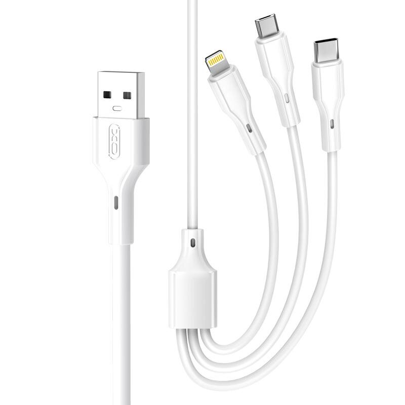 XO kaapeli NB230 3-in-1 USB - Lightning + USB-C + microUSB 1,0m 2,4A, valkoinen