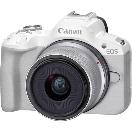 Canon EOS R50 WH + RF-S 18-45mm F4.5-6.3 IS STM (SIP), 24,2 MP, kuvanvakain, ISO-herkkyys (maks.) 32000, näytön lävistäjä 2,95 ", Wi-Fi, videokuvaus, automaattinen/manuaalinen, CMOS, valkoinen