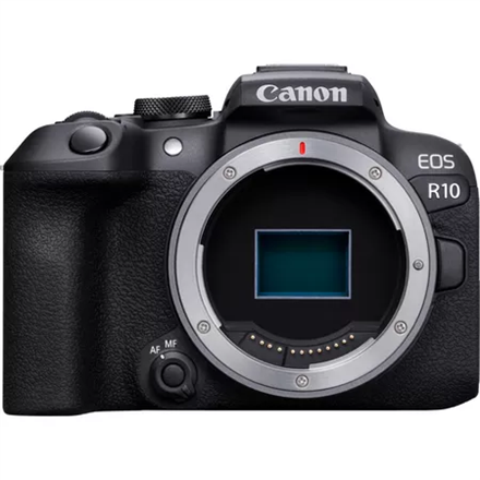 Canon EOS R10 -järjestelmäkameran runko, 24,2 MP, kuvanvakain, ISO-herkkyys (maks.) 32000, Wi-Fi, videokuvaus, manuaalinen, CMOS, musta