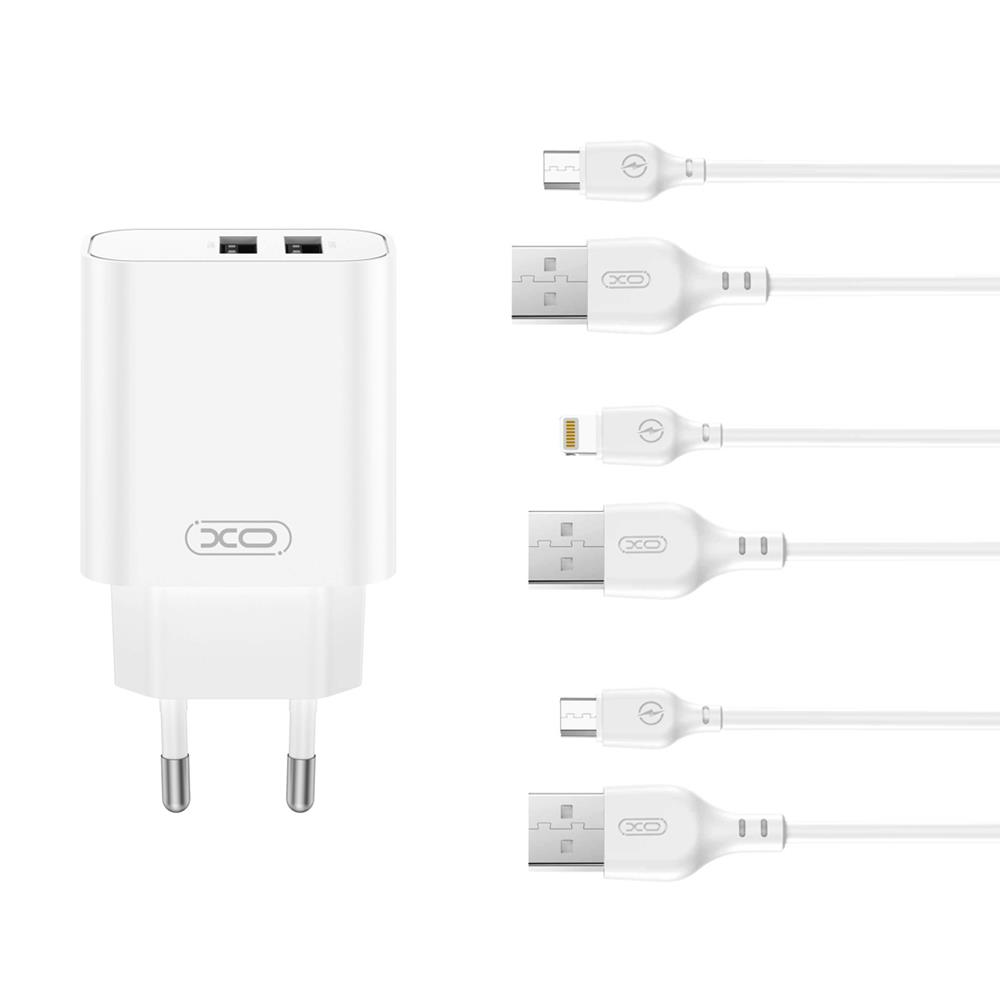 XO seinälaturi CE34 2x USB 2,4A, valkoinen + USB-C-kaapeli