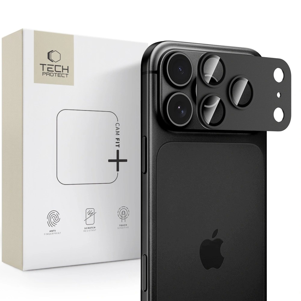 Musta alumiinista ja karkaistusta lasista valmistettu Tech-Protect CamFull Fit+ -kameramoduulisuoja Apple iPhone 18 Pro Max -puhelimelle
