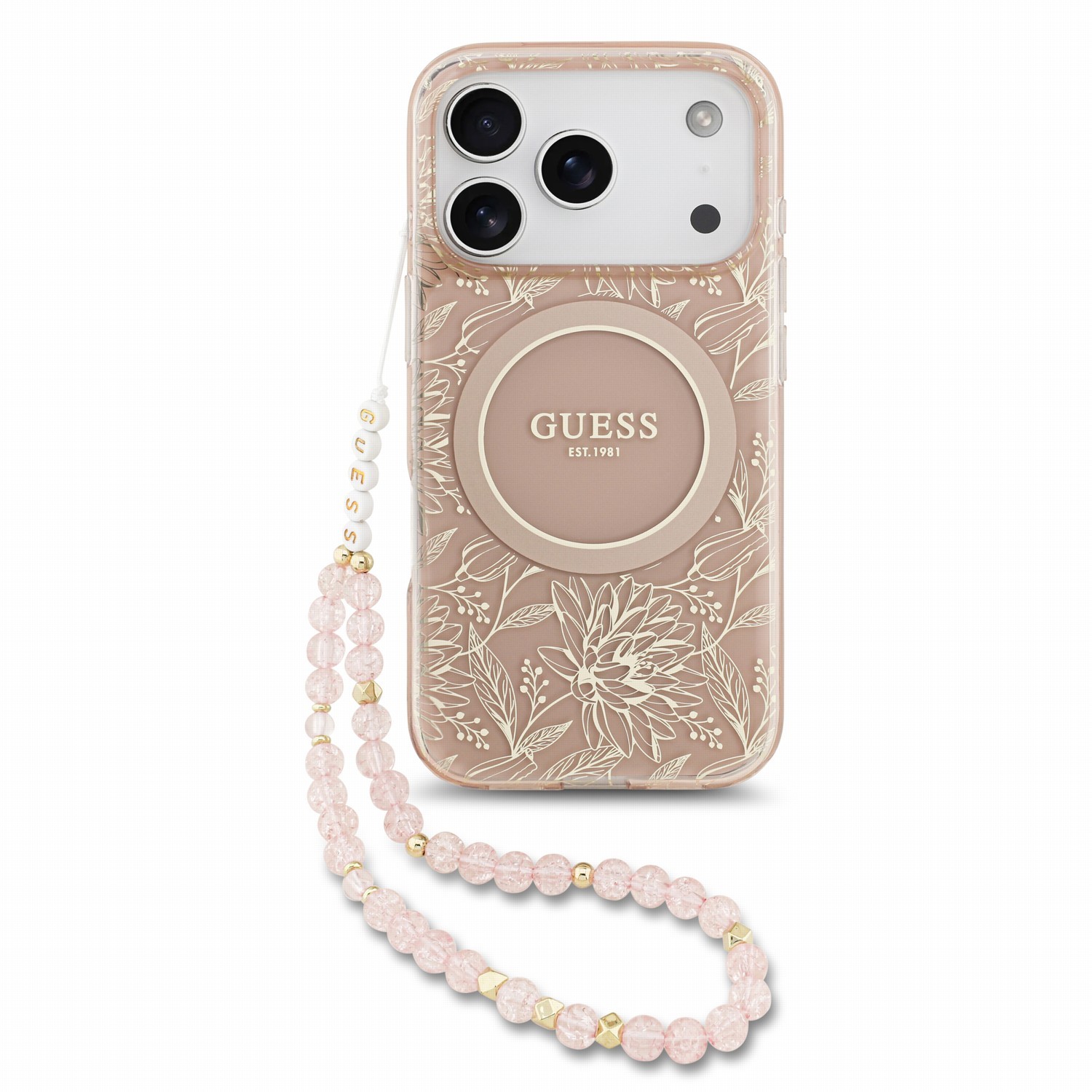 Guess IML Flowers Allover Strap MagSafe -suojakuori Apple iPhone 18 Pro Max -puhelimelle, vaaleanpunainen