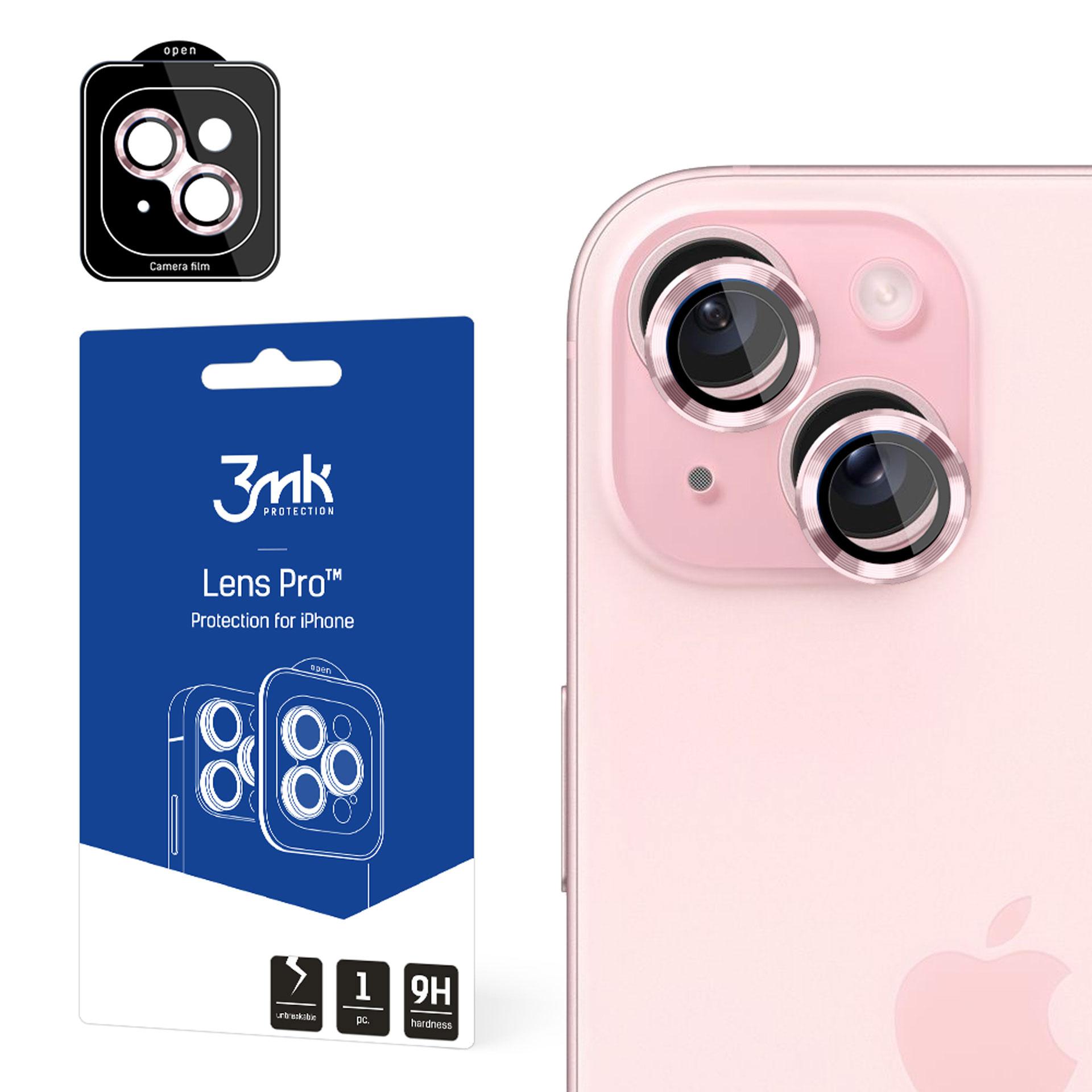 3mk Lens Protection Pro vaaleanpunainen kameran suoja iPhone 15:lle