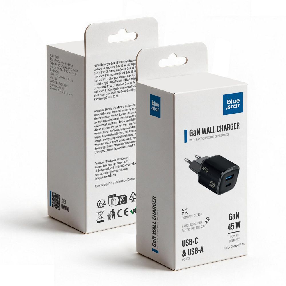 Blue Star Nano GaN VT-334 -puhelinlaturi, USB-C + USB-A, QC4.0, PD, 3 A, 45 W, musta