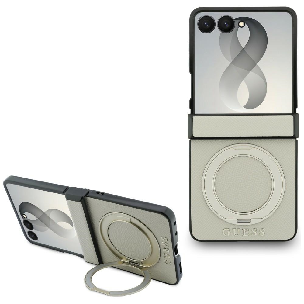 Beige Guess Magnetic Ring Stand Grained Classic Logo MagSafe -suojakuori Samsung Galaxy Z Flip8 -mallille