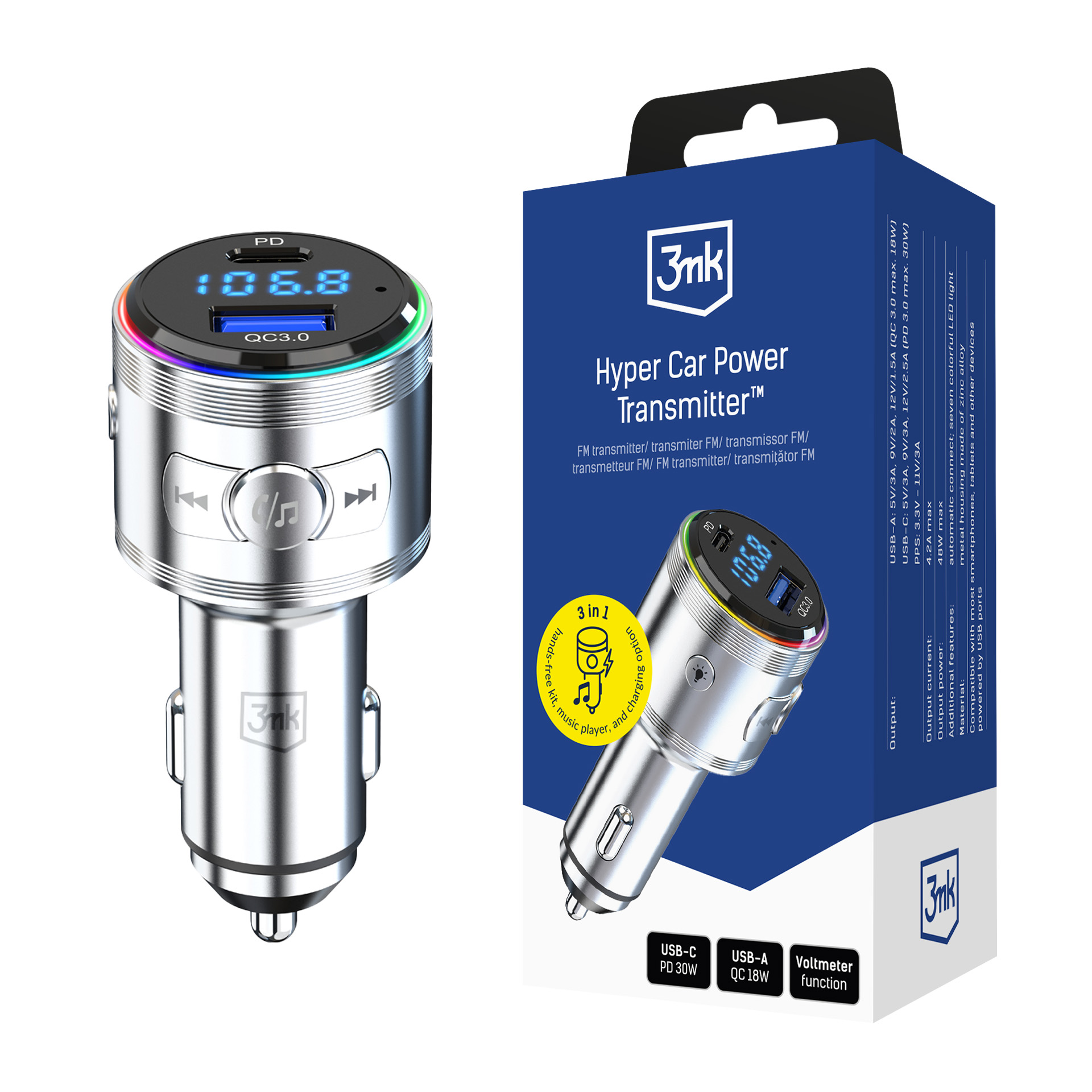 3mk Hyper -auton FM-lähetin latauksella, 48 W, QC/PD/PPS, USB 1C1A, hopea