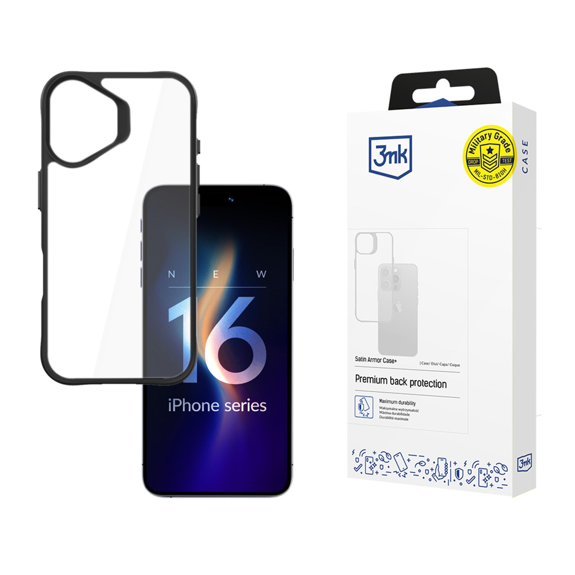 3mk Satin Armor Case+ iPhone 16 Plus:lle - Läpinäkyvä mustalla kehyksellä