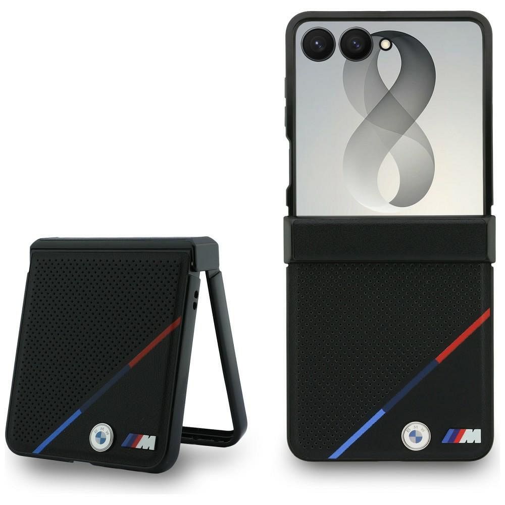Musta BMW M Leather Perforated Tricolor Stripe Metal Logos -suojakuori MagSafe-tuella Samsung Galaxy Z Flip8 -puhelimelle