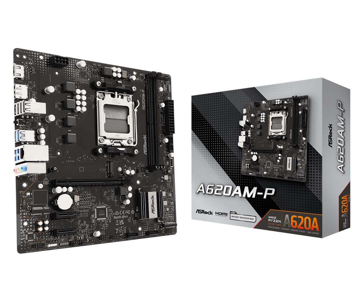 ASRock A620AM-P MicroATX -emolevy, AMD A620A, AM5, 2 DDR5-SDRAM-paikkaa, 1 M.2 (M) -paikka