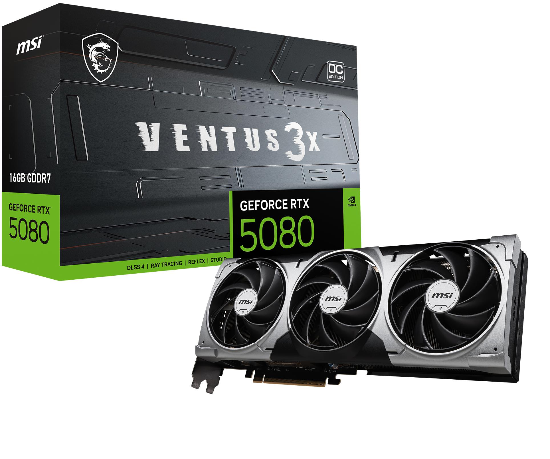 MSI GeForce RTX 5080 16G Ventus 3X OC -näytönohjain (RTX_5080_16G_VENTUS_3X_OC_BLACK), 16 GB muistia, musta