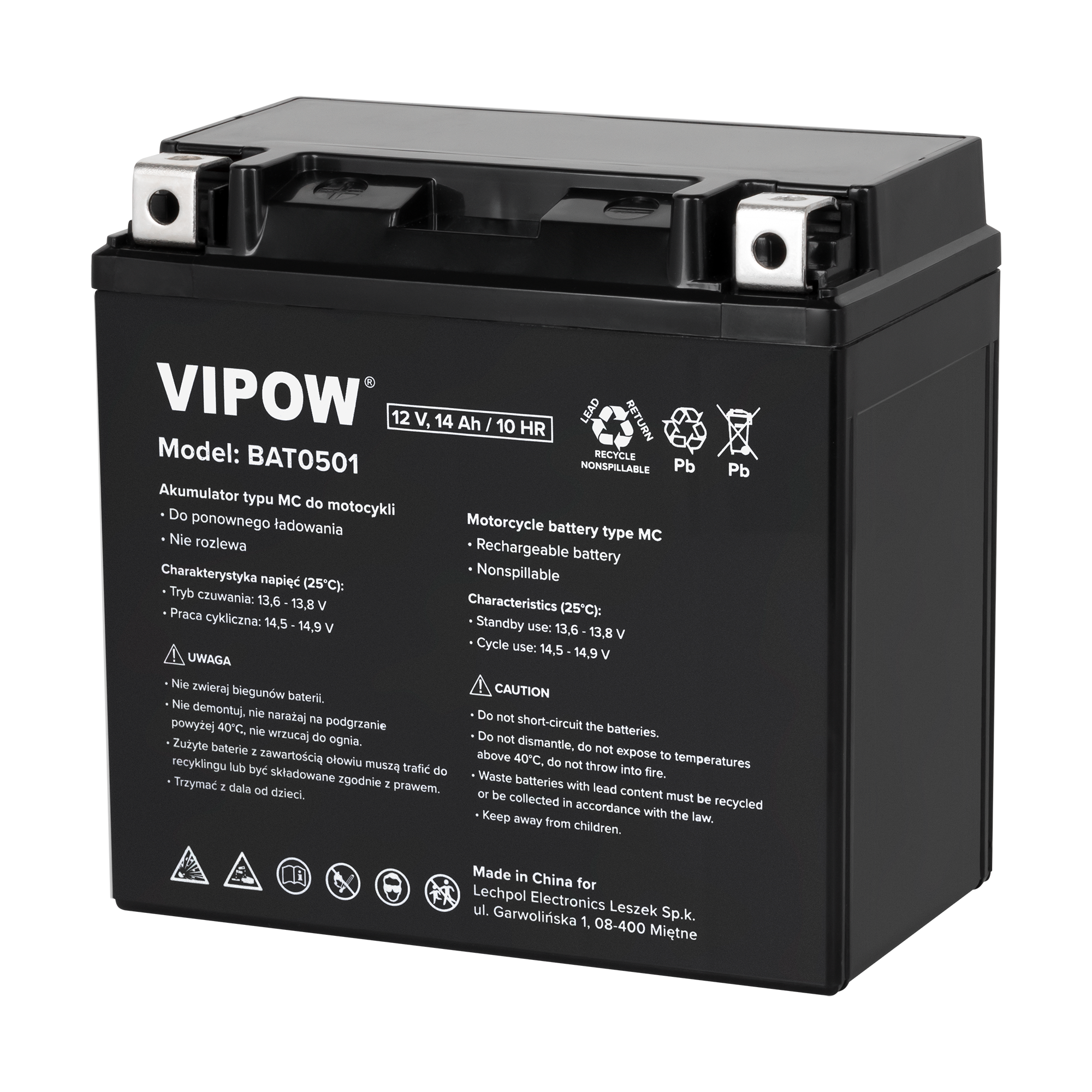 VIPOW MC -moottoripyöräakku, 12 V, 14 Ah