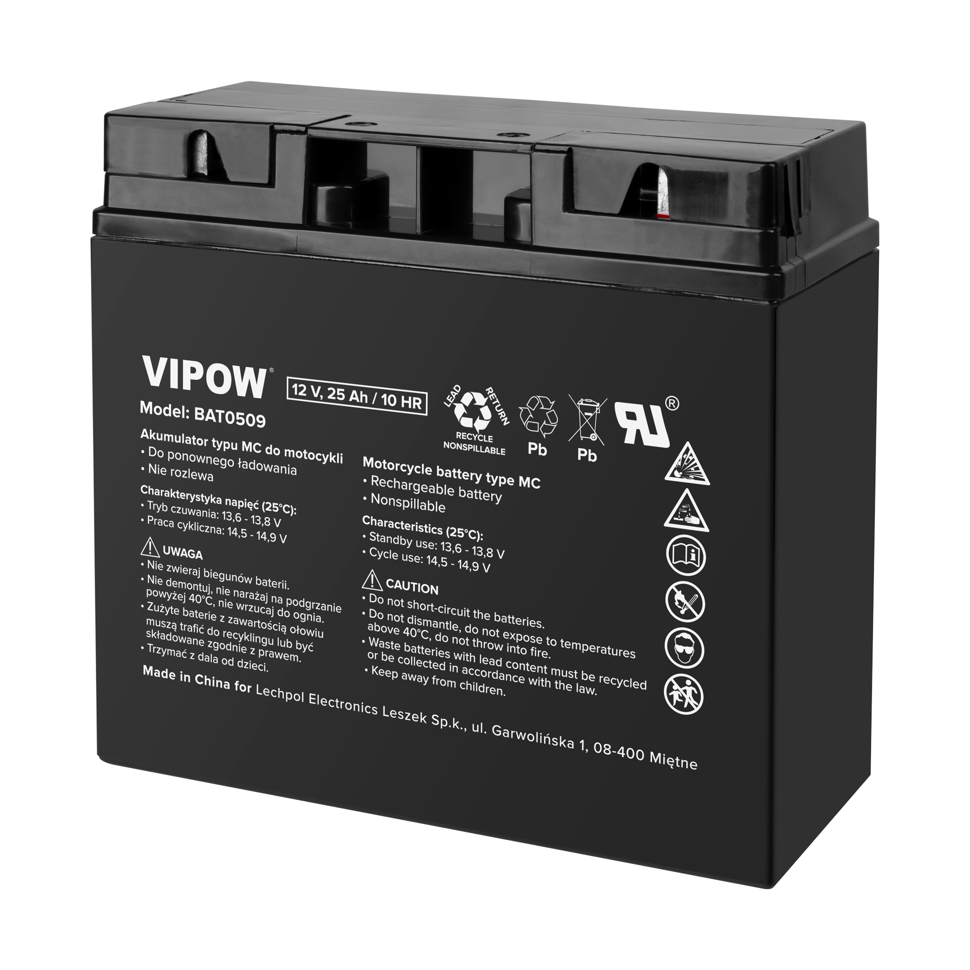 VIPOW MC-tyypin moottoripyöräakku, 12 V, 25 Ah