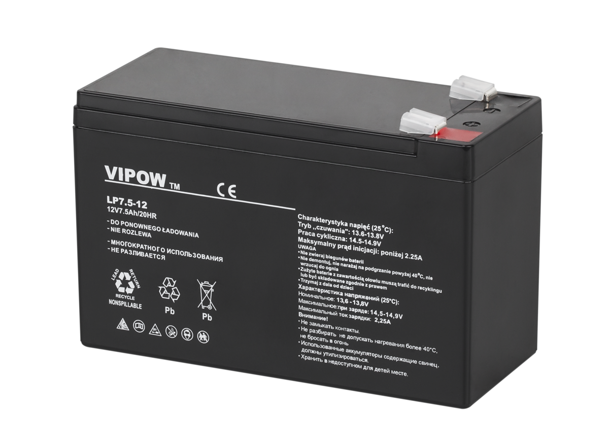 VIPOW-geeliakku, 12 V, 7,5 Ah