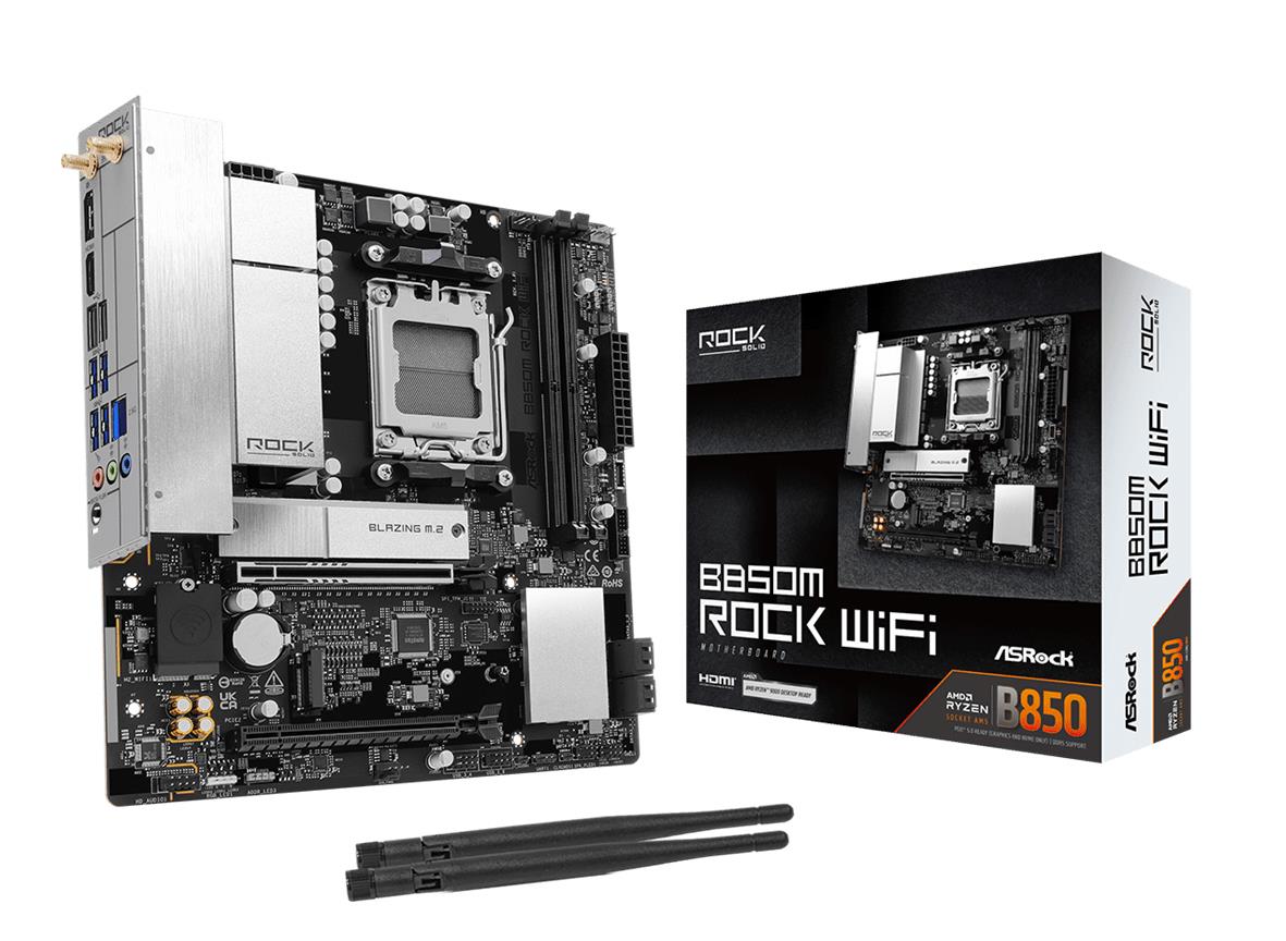 ASROCK B850MROCKWIFI AMD B850 Socket AM5 micro ATX -emolevy, DDR5-SDRAM, 2 paikkaa, Wi-Fi, Bluetooth, 1 x M.2