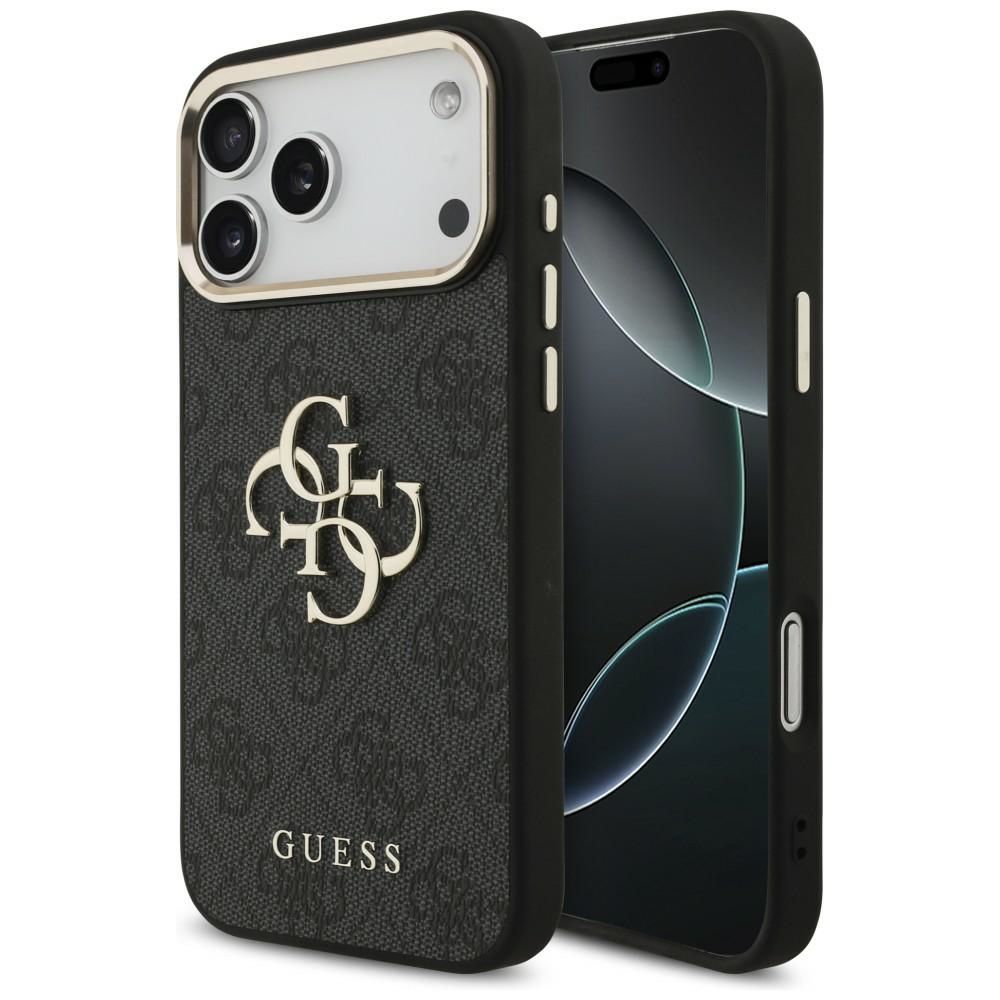Guess PU Leather 4G Metal Logo Gold Frame -kuori Apple iPhone 18 Pro Max -puhelimelle, musta