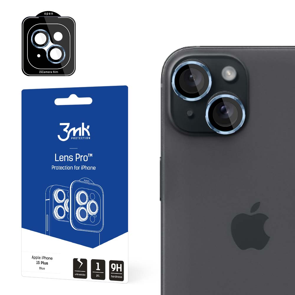 3mk Lens Protection Pro kameran suojalasi sinisellä kehyksellä iPhone 15 Plus:lle