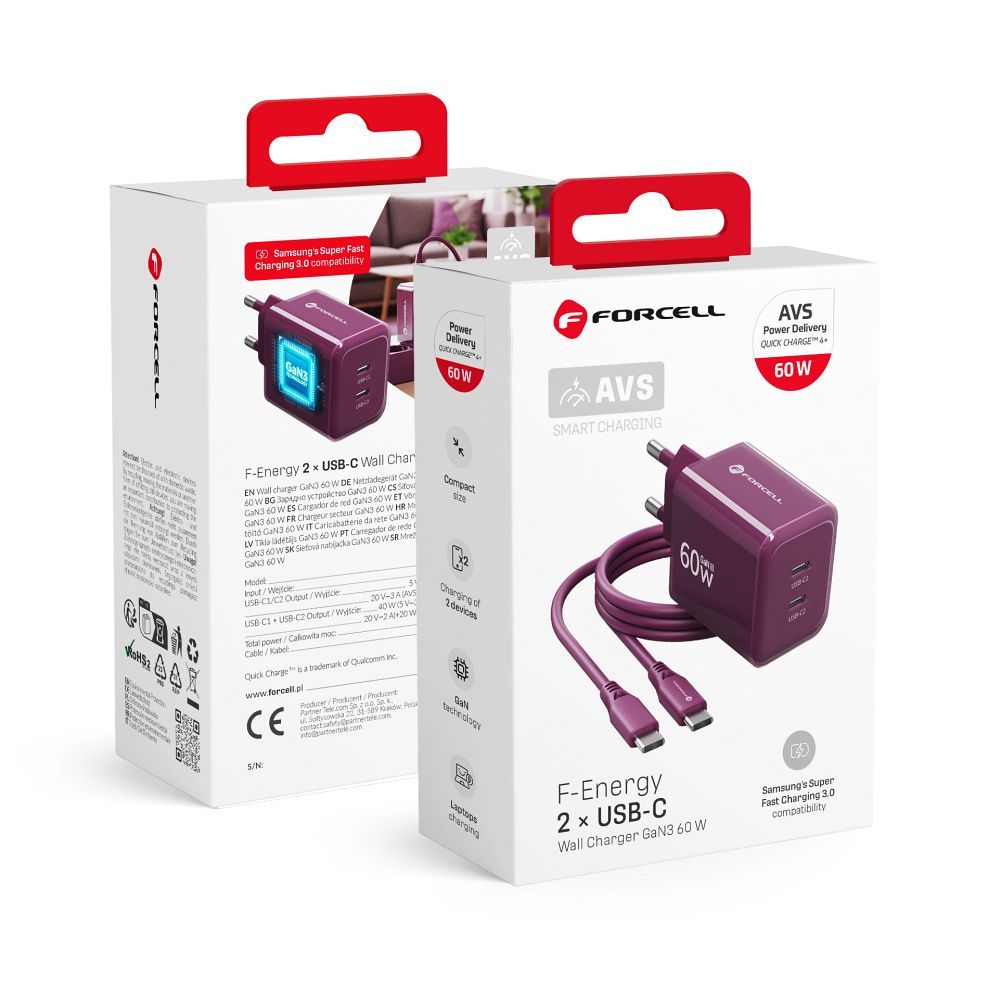 Viininpunainen 60 W:n Forcell F-Energy GaN III Crystal Color VT-60 -seinälaturi, 2 × USB-C, AVS/PPS ja 1 m:n 60 W:n silikoninen USB-C–USB-C-kaapeli