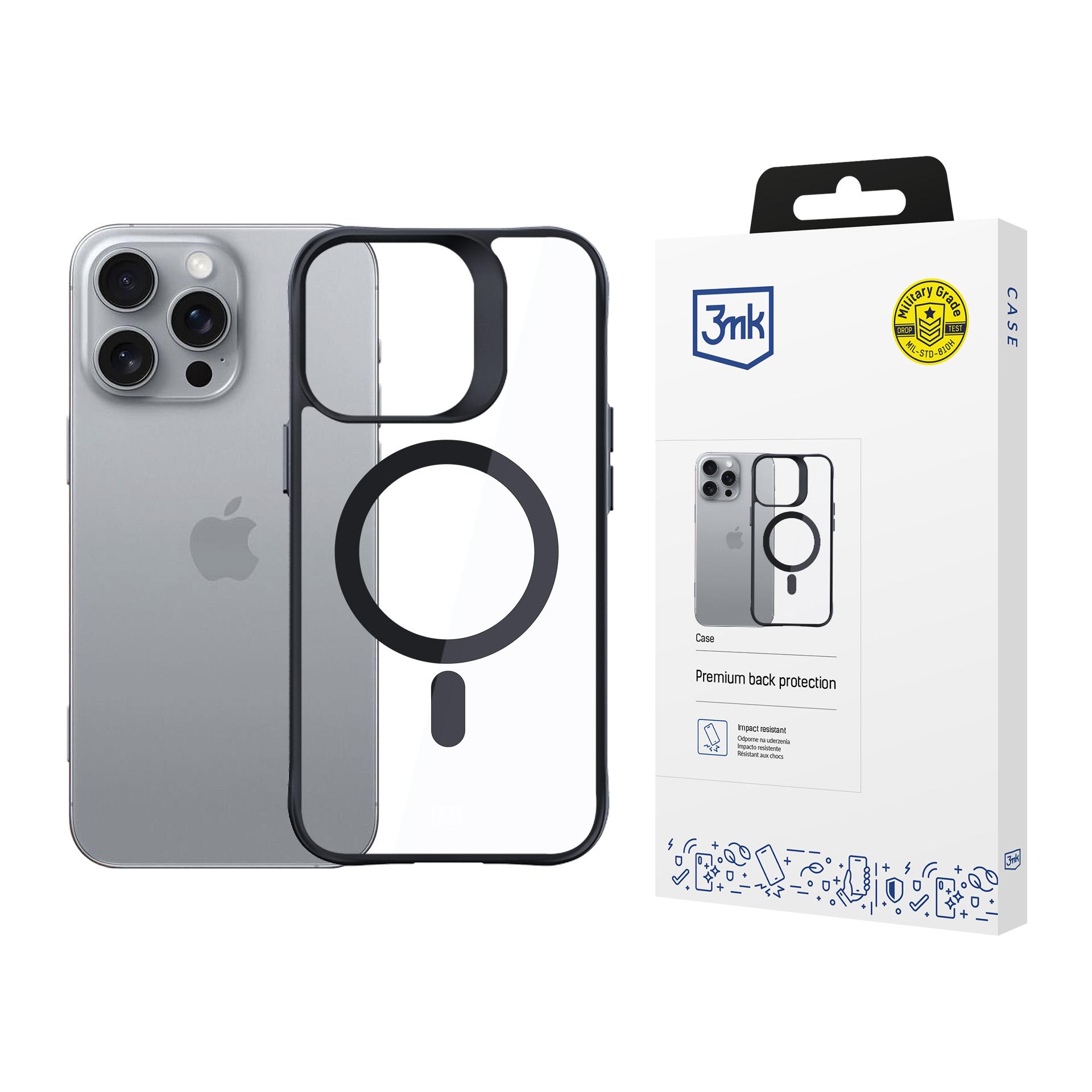 3mk Satin Armor MagCase MagSafe-tuella iPhone 16 Pro Max:lle - Läpinäkyvä mustalla kehyksellä