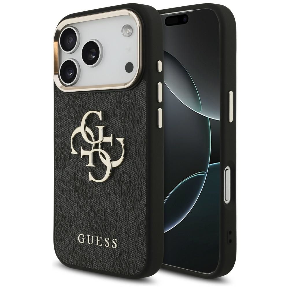 Guess PU Leather 4G Metal Logo Gold Frame -kuori Apple iPhone 18 Pro -puhelimelle, musta