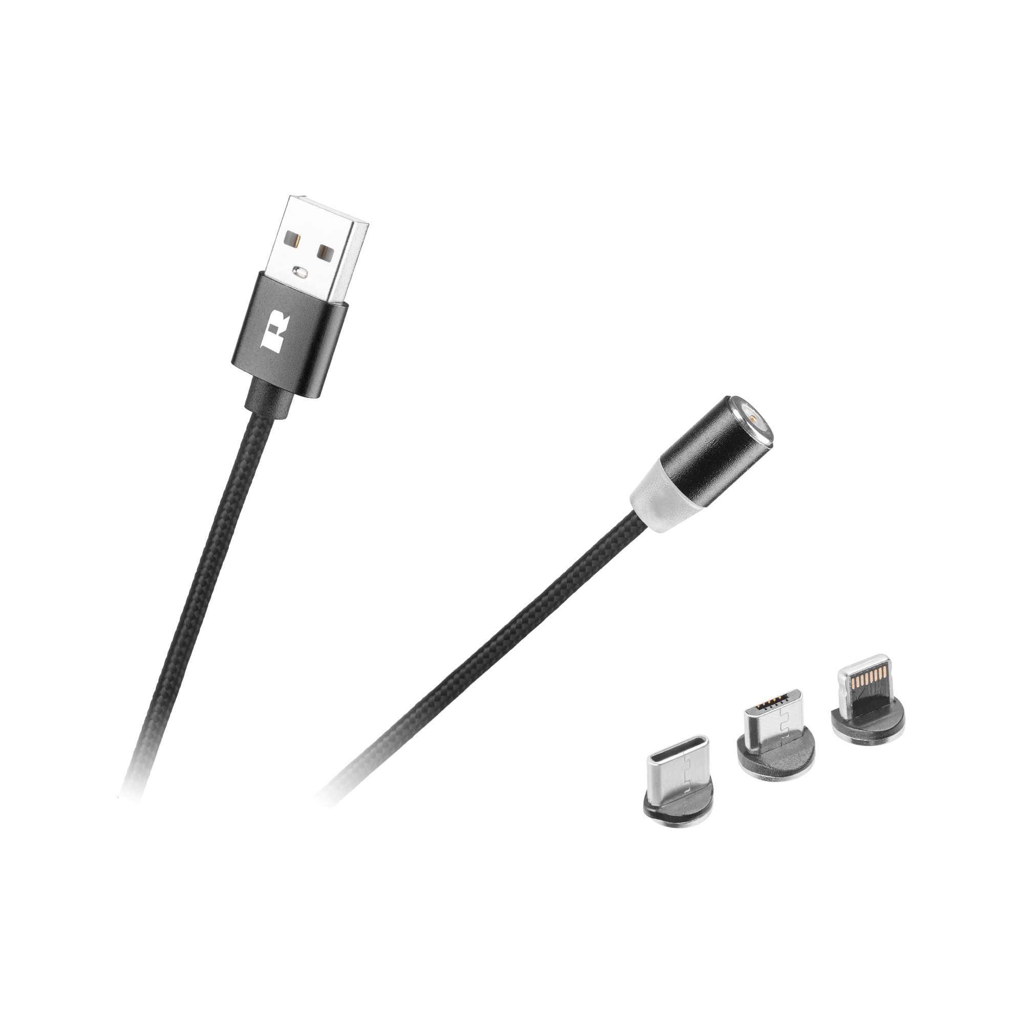 Magneettinen 3-in-1 USB-kaapeli, micro-USB, USB-C ja Lightning, 100 cm, musta