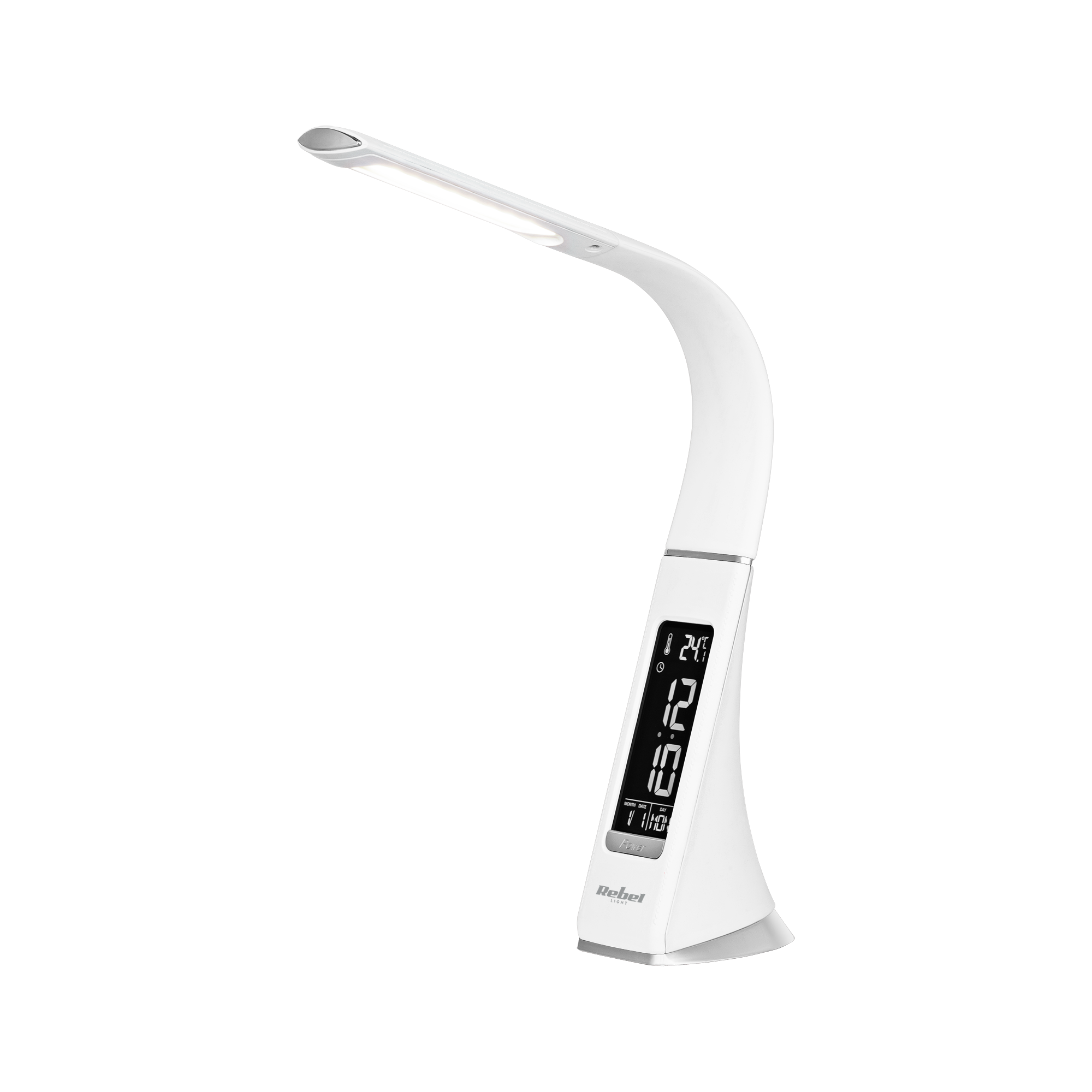 REBEL LED-pöytävalaisin kellolla, kalenterilla ja lämpötilanäytöllä