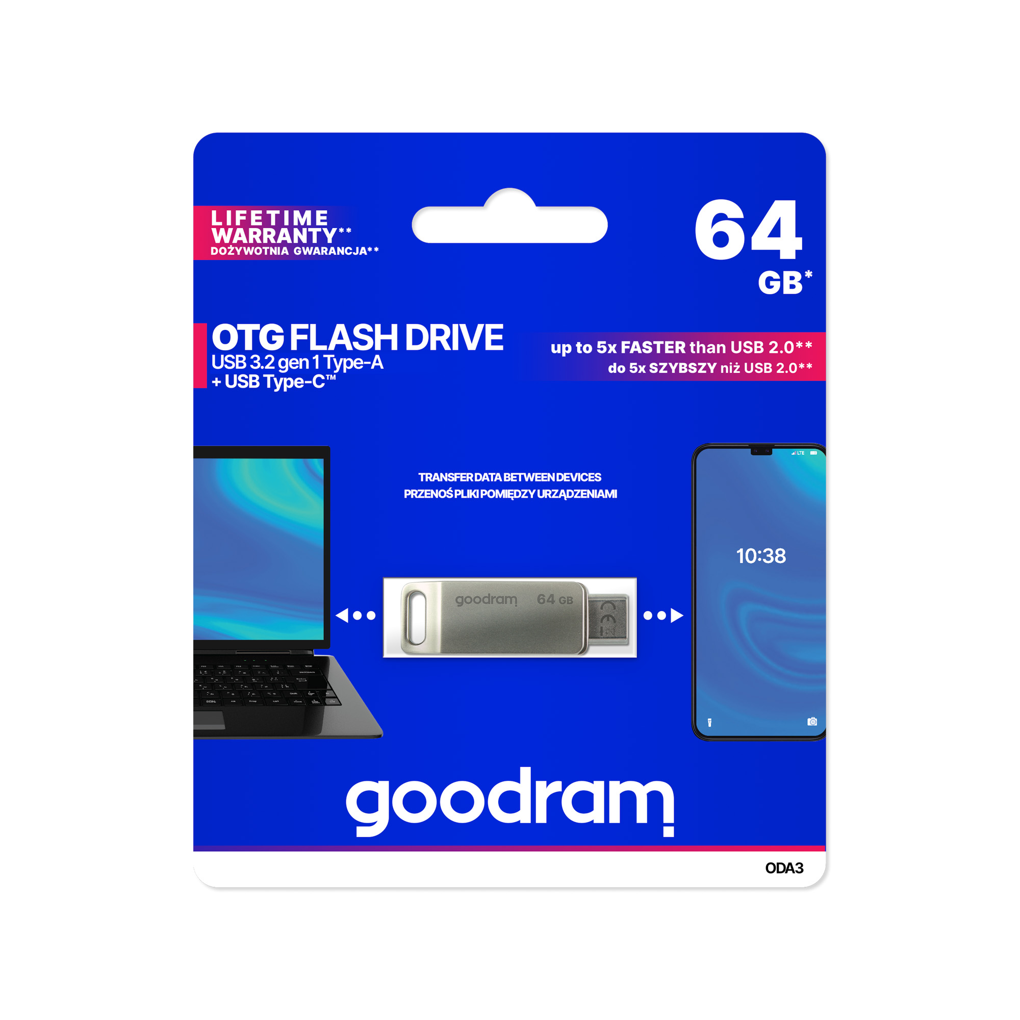 Goodram USB- ja USB-C-muistitikku, 64 Gt, hopea