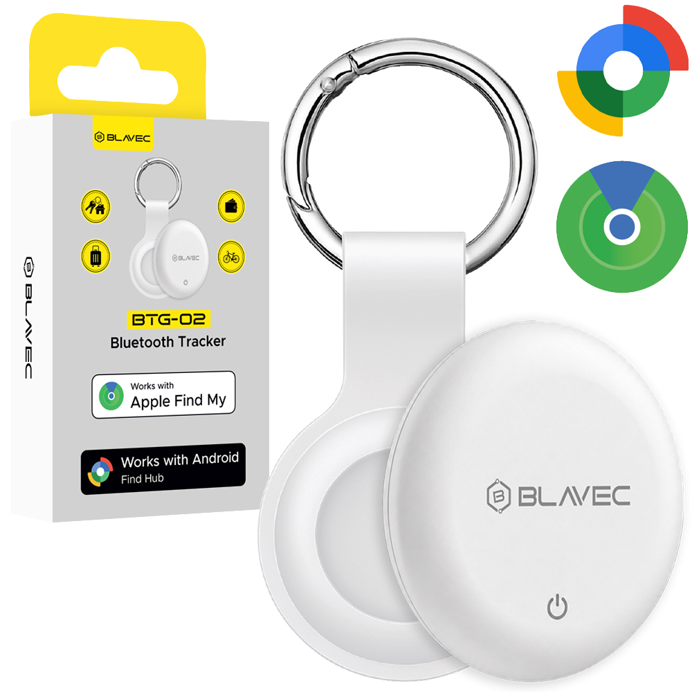 Valkoinen Blavec BTG-02 Bluetooth-paikannin avainrenkaalla Apple- ja Android-laitteille (BTBTG02-KW)