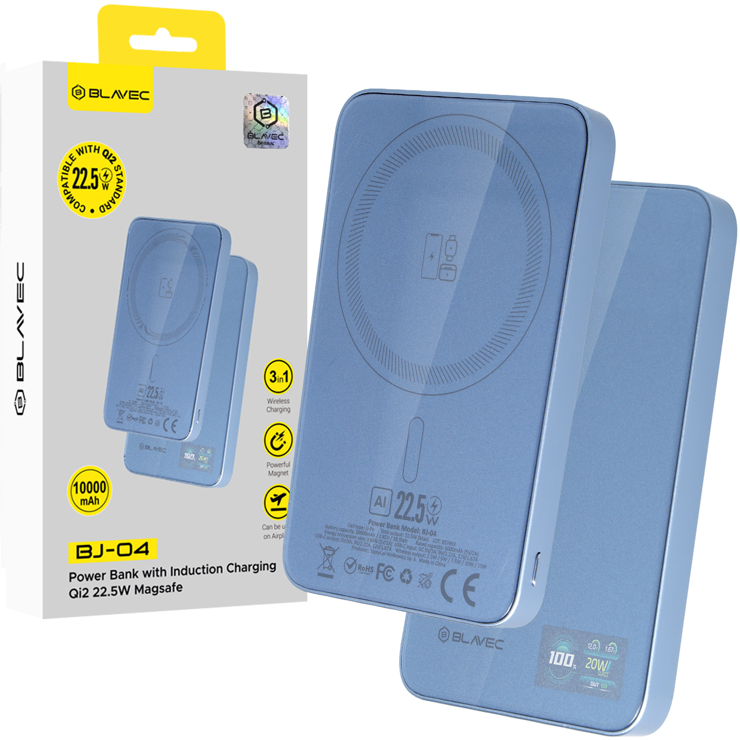 Blavec BJ-04 10000 mAh ohut magneettinen MagSafe-varavirtalähde, 13,5 mm, USB-C, 22,5 W, 3-in-1 (PBBJ04-MC5LB) (väri: vaaleansininen; lasipinta)