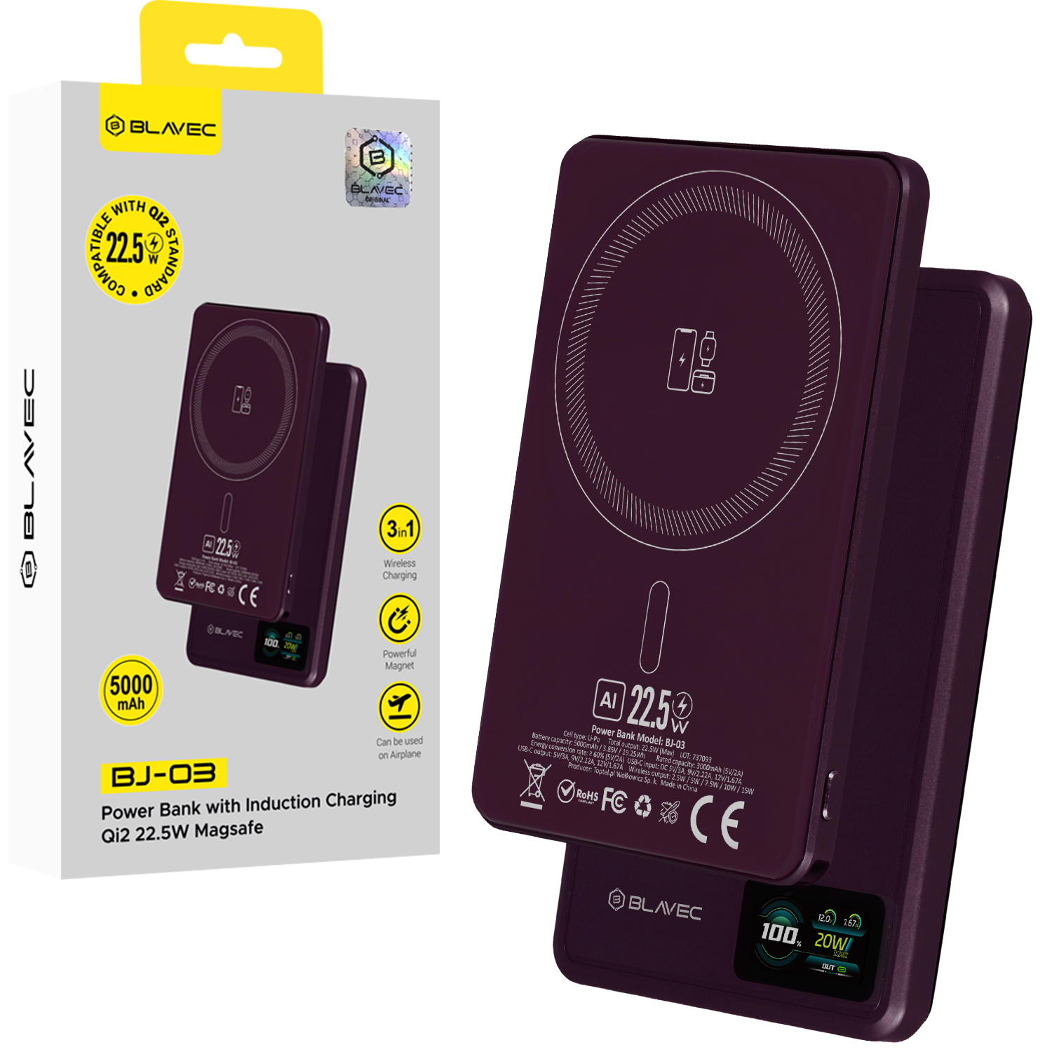 Blavec BJ-03 5000 mAh erittäin ohut magneettinen MagSafe-varavirtalähde, 7,8 mm, USB-C, 22,5 W, 3-in-1 (PBBJ03-MC5O) (väri: violetti; alumiinirunko)