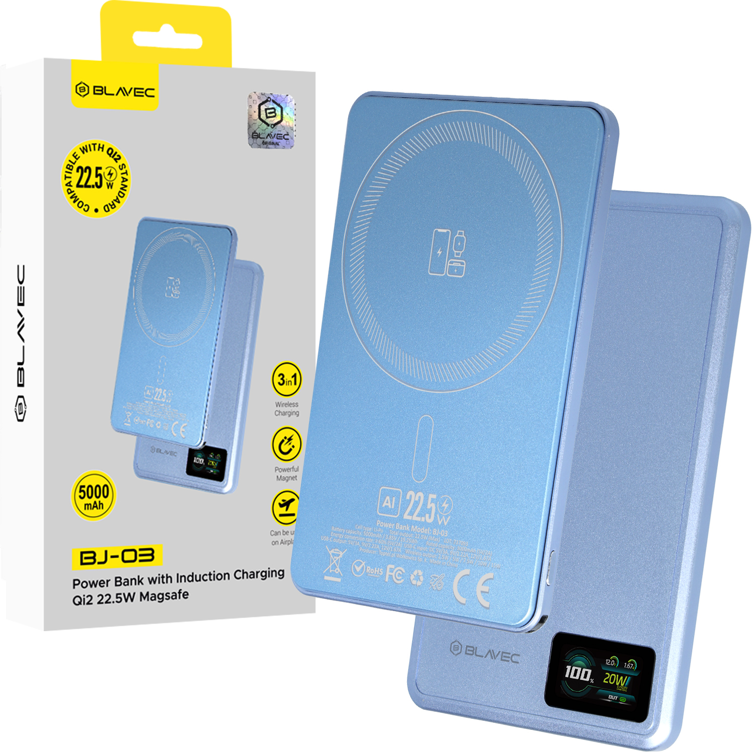 Blavec BJ-03 5000 mAh erittäin ohut magneettinen MagSafe-varavirtalähde, 7,8 mm, USB-C, 22,5 W, 3-in-1 (PBBJ03-MC5LB) (väri: vaaleansininen; alumiinirunko)