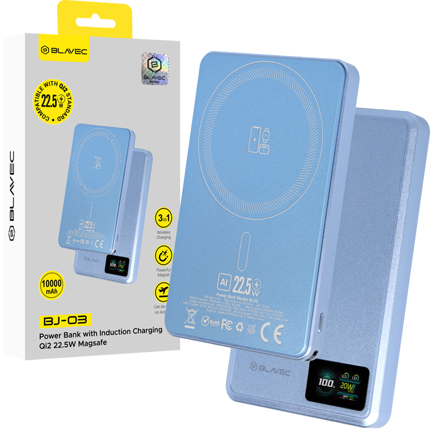 Blavec BJ-03 10000 mAh ohut magneettinen MagSafe-varavirtalähde, 13,5 mm, USB-C, 22,5 W, 3-in-1 (PBBJ03-MC10LB) (väri: vaaleansininen; alumiinirunko)