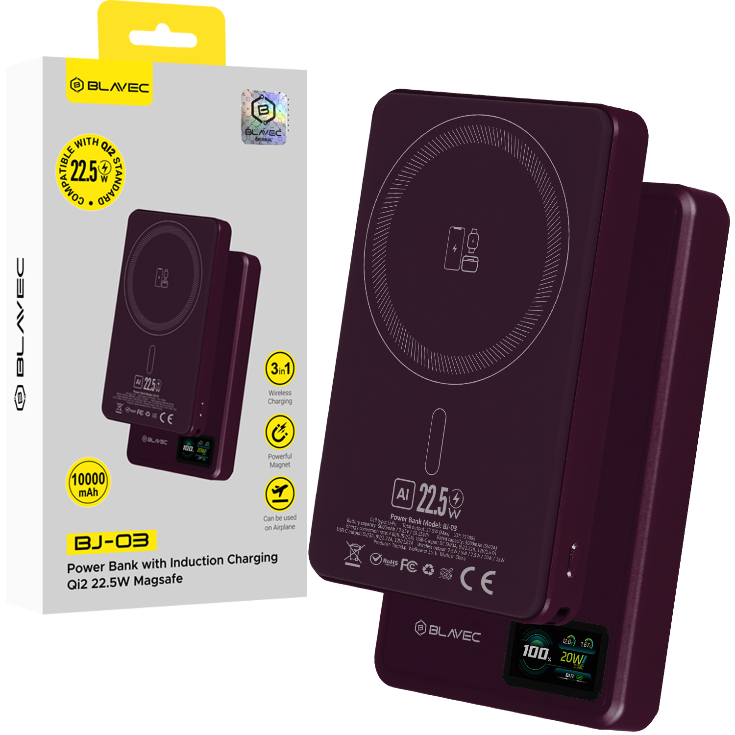 Blavec BJ-03 10000 mAh ohut magneettinen MagSafe-varavirtalähde, 13,5 mm, USB-C, 22,5 W, 3-in-1 (PBBJ03-MC10P) (väri: violetti)