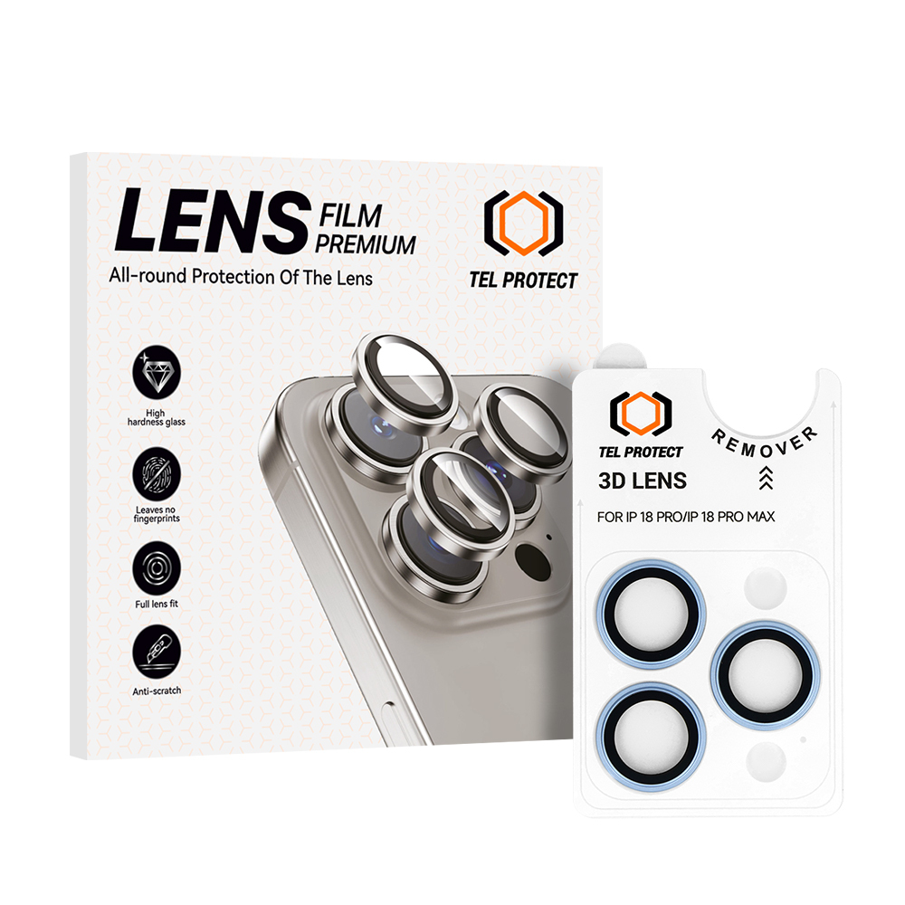 Tel Protect 3D Lens -vaaleansiniset karkaistut suojalasit Apple iPhone 18 Pro- ja iPhone 18 Pro Max -puhelinten kameralinsseille (3 kpl)