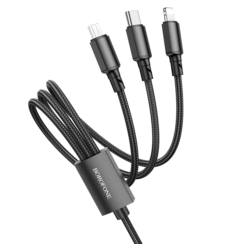 Musta Borofone BX72 3-in-1 USB–USB-C / Micro-USB / Lightning -kaapeli, 2 A, 1 m