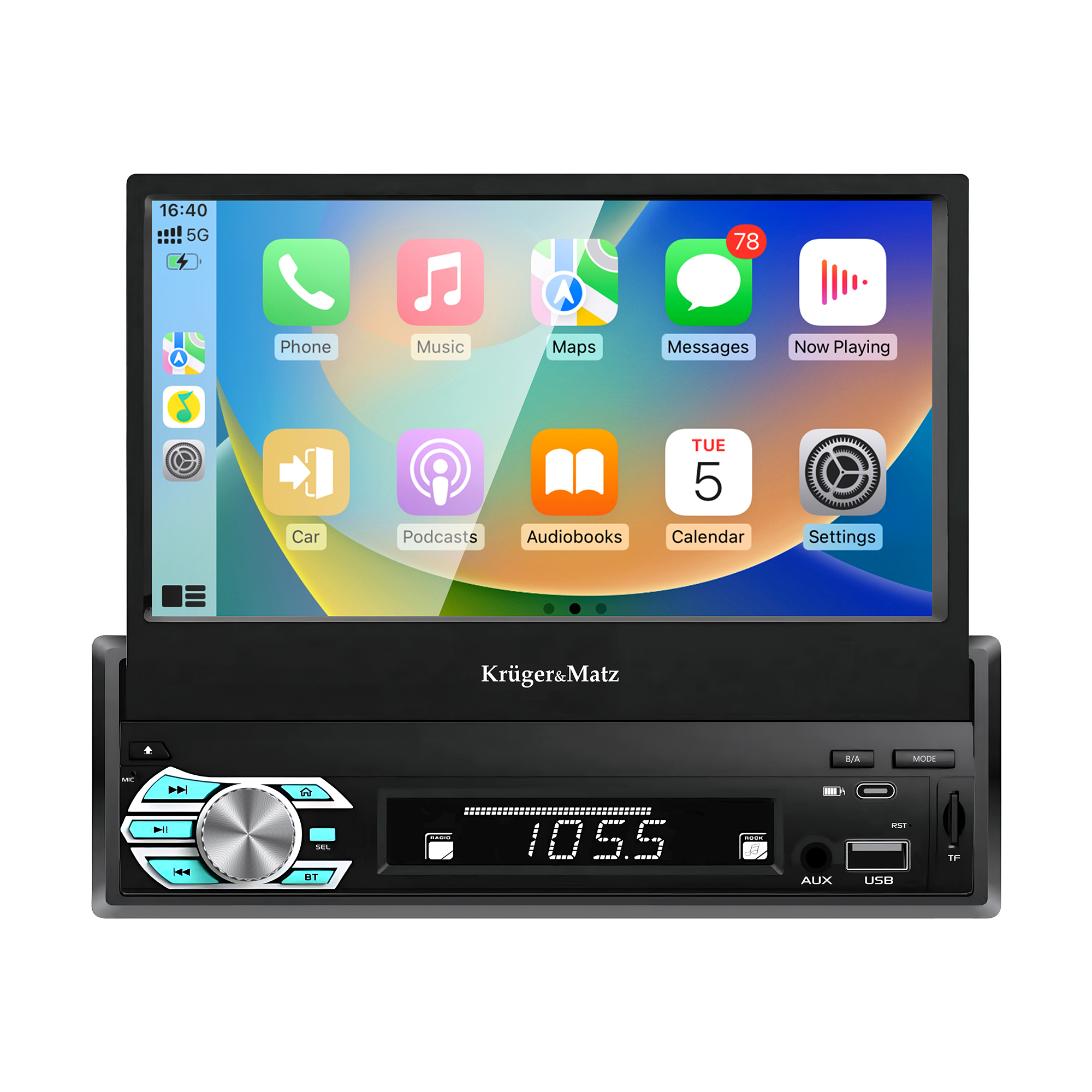 Kruger&Matz KM2018 -autoradio ulosvedettävällä 7 tuuman näytöllä, CarPlay/Android Auto