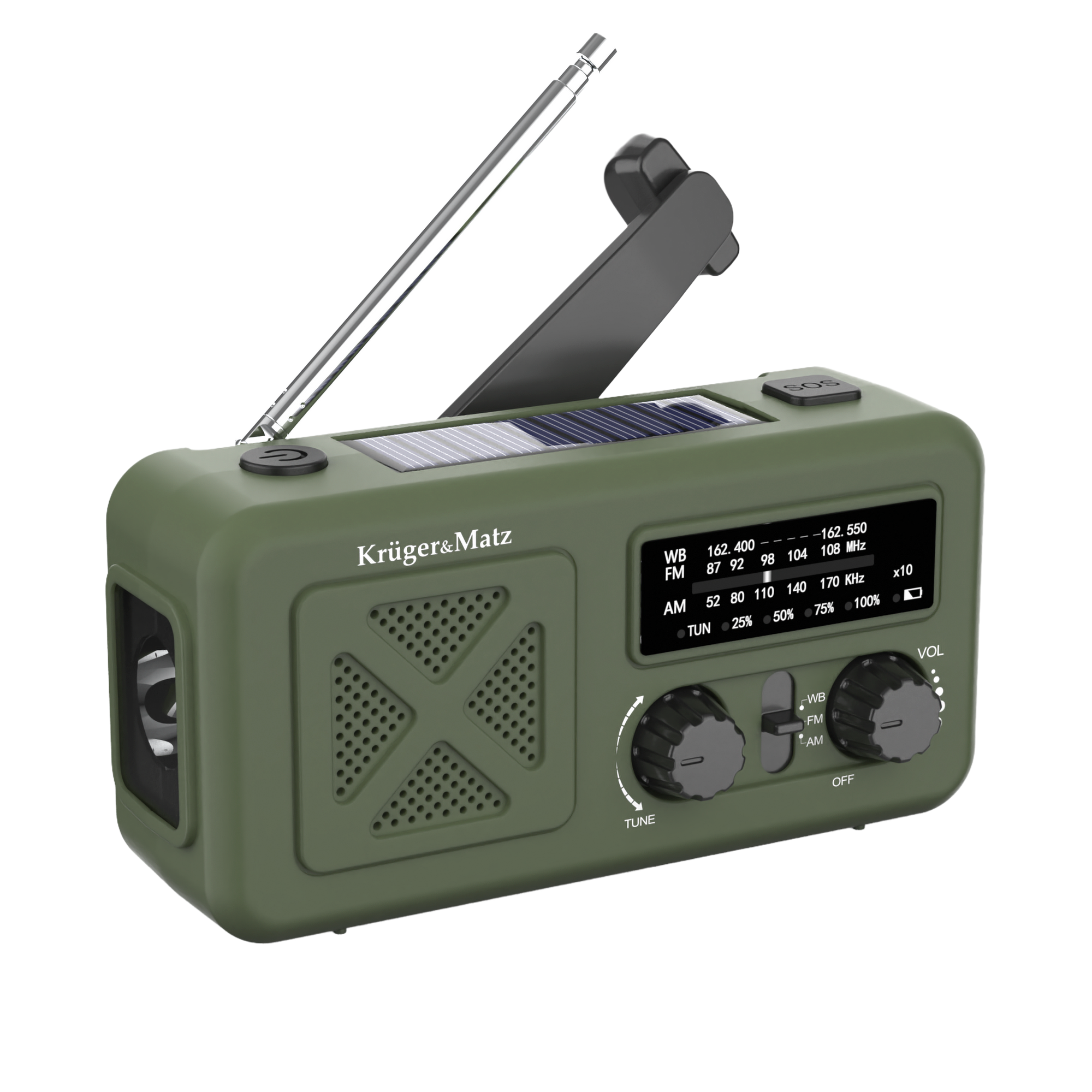 Kruger&Matz kannettava aurinkokäyttöinen SOS-hätäradio, 2000 mAh:n varavirtalähde, taskulamppu ja dynamo
