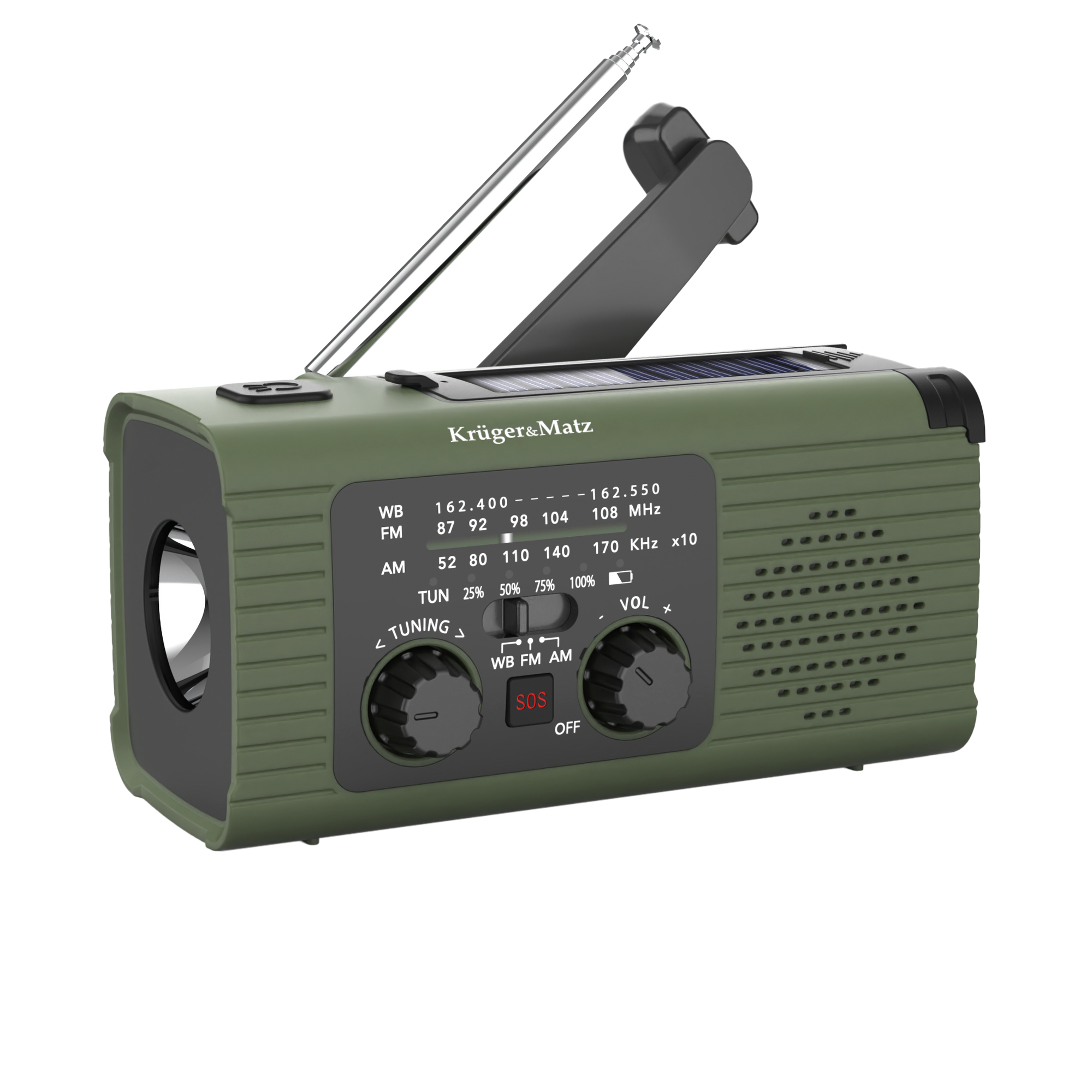 Kruger&Matz kannettava aurinkokäyttöinen SOS-hätäradio, 5000 mAh:n varavirtalähde, taskulamppu ja dynamo