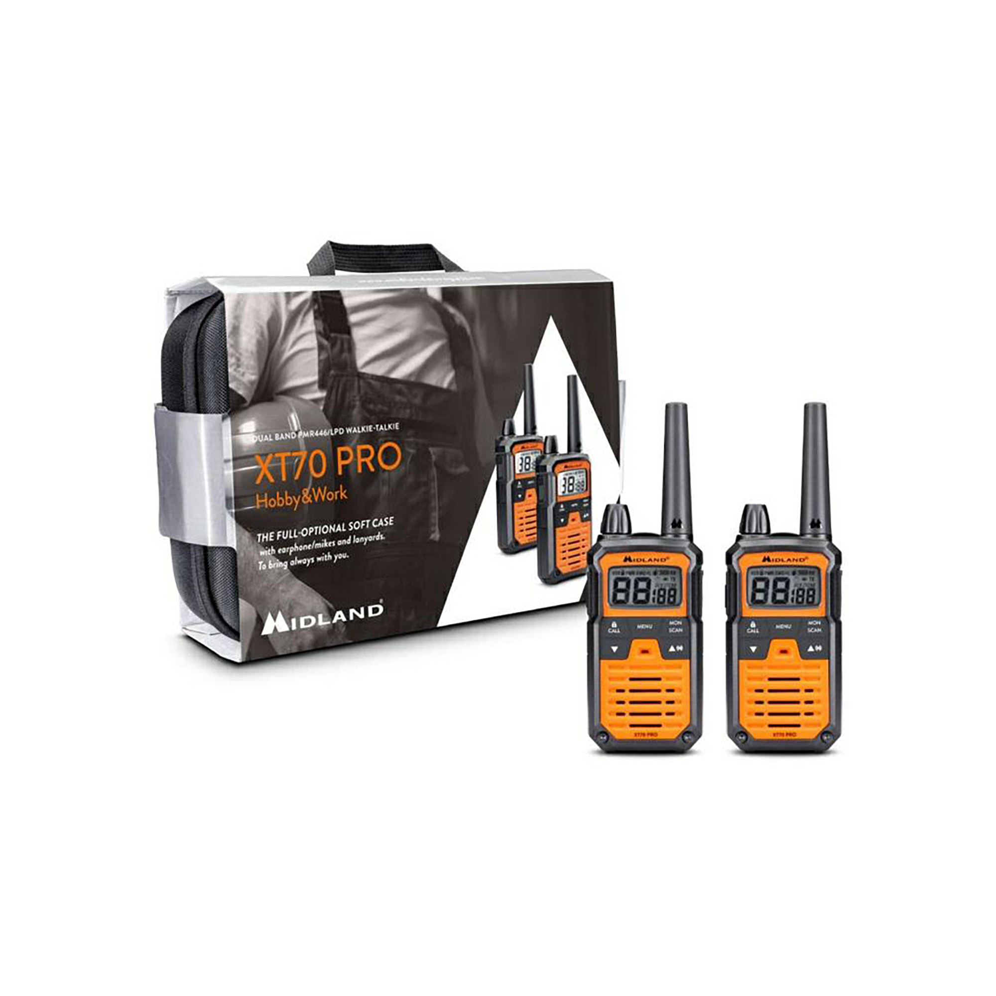 MIDLAND XT70 PRO -PMR-käsiradiopuhelimet laukussa