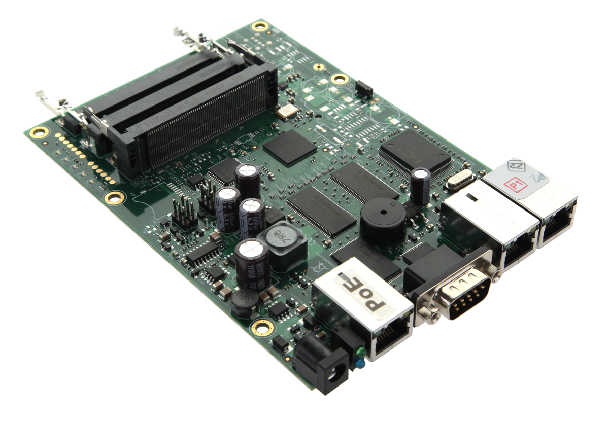 RouterBOARD RB433, 300 MHz:n suoritin, 64 MB RAM, 3× LAN, 3× mPCI, RouterOS L4
