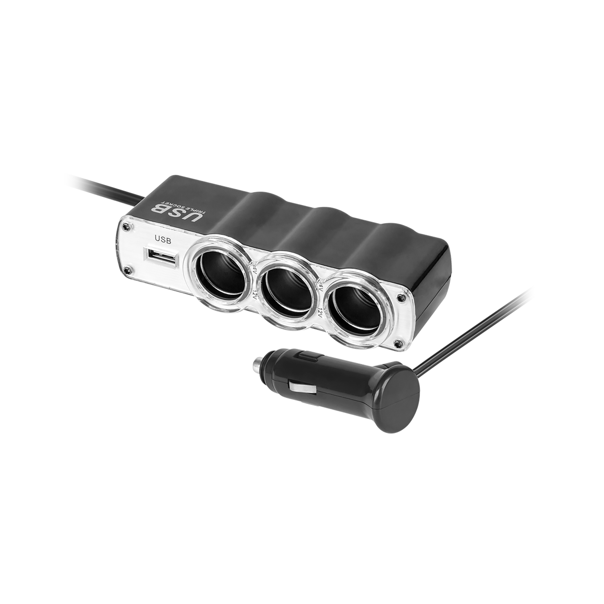 3-osainen auton tupakansytytinjakaja kaapelilla ja USB:llä
