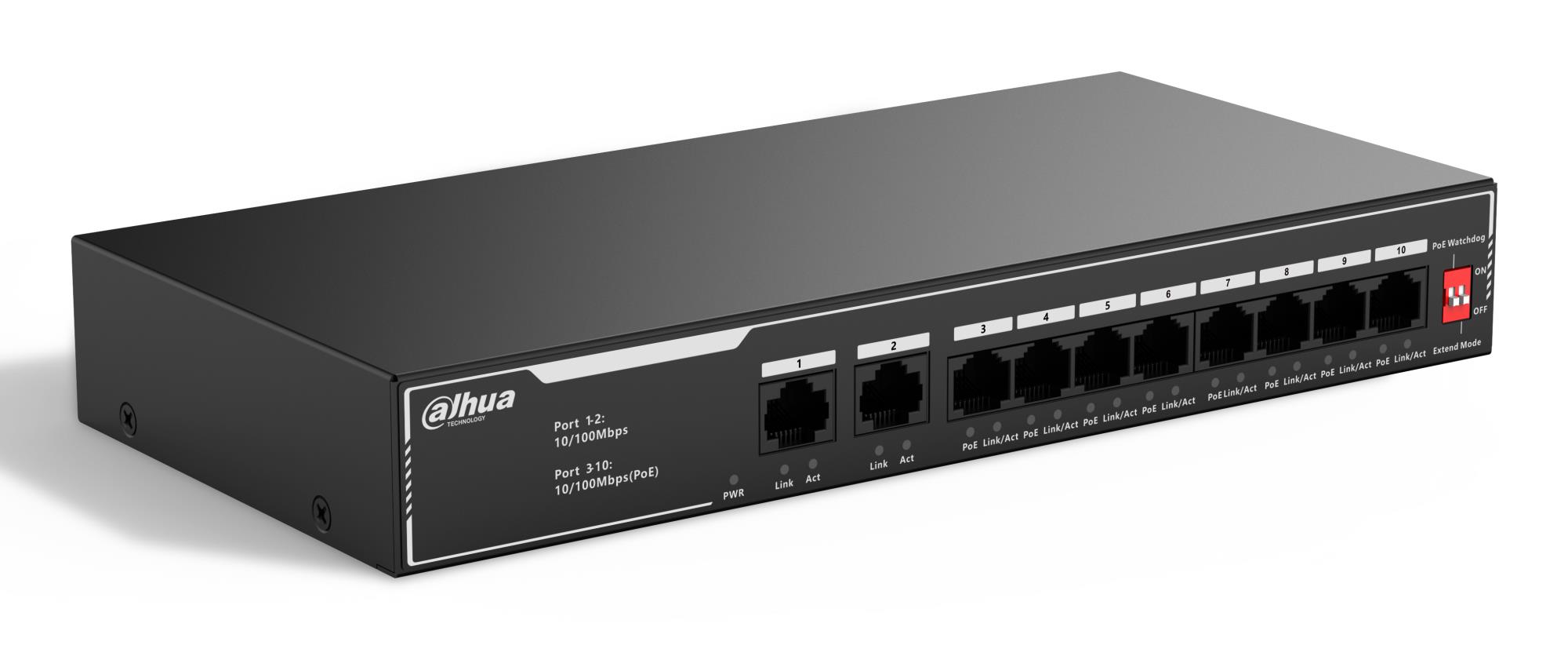 Dahua SF1010LP -ei-hallittava L2-verkkokytkin, 10 RJ-45 Fast Ethernet (10/100) -porttia, PoE, 8 PoE-porttia