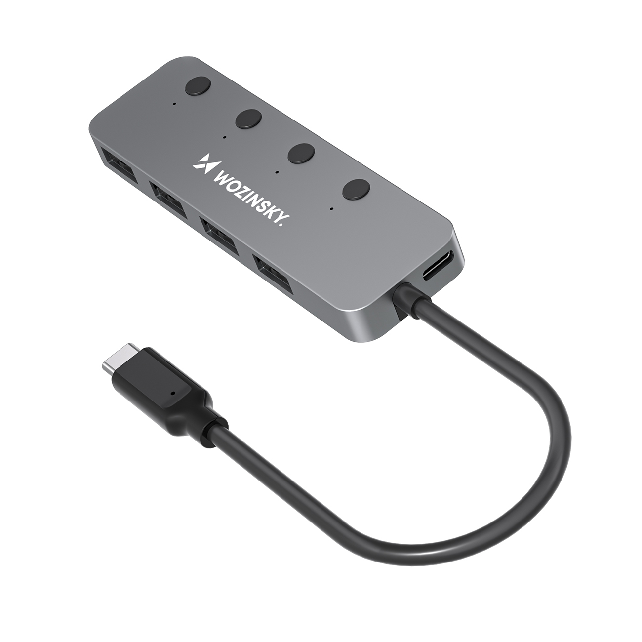 Harmaa alumiininen 4 × USB-A 3.0 -keskitin Wozinsky WHS080YSS erillisillä kytkimillä ja 15 cm:n USB-C-kaapelilla