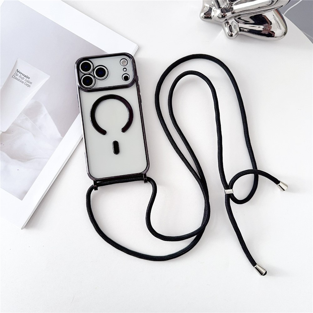 Musta MagSafe-yhteensopiva TPU-suojakuori puhelimelle iPhone 18 Pro / 17 Pro, galvanoitu pinnoite ja pitkä hihna