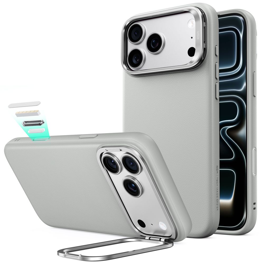 ESR Leather -suojakuori laitteelle iPhone 18 Pro Max / 17 Pro Max, tuella, MagSafe-yhteensopiva – harmaa